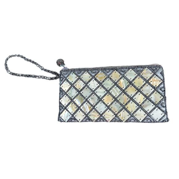 Blue bead details  ,other of pearl- details wristlet- clutch- zips preowned - Picture 1 of 6